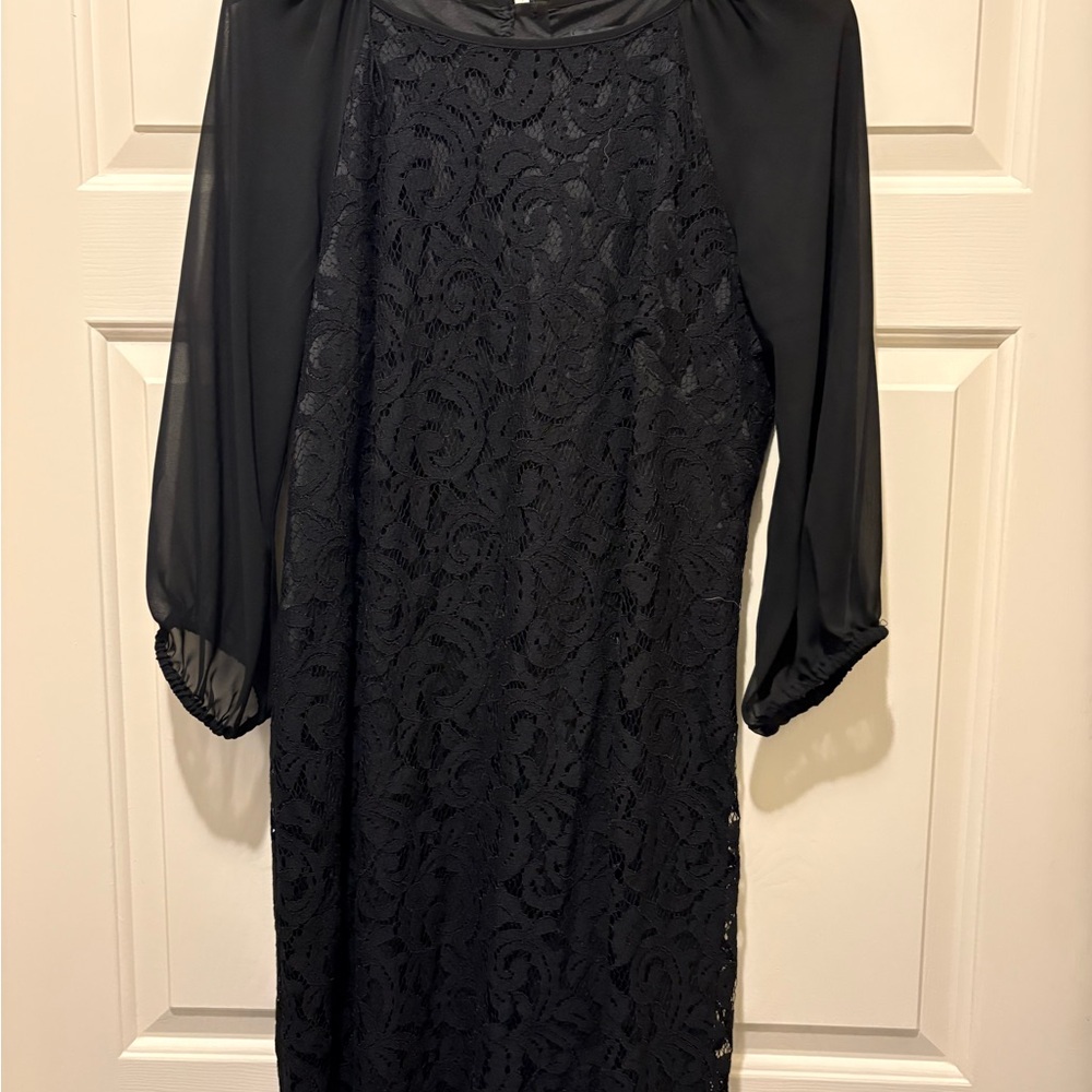Adrianna Papell Black Lace Shift Dress with Sheer Long Sleeves